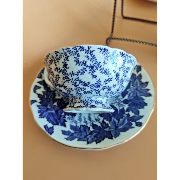 Coalport Hand Painted Tea Cup & Saucer Set Cobalt Blue Maple Leaf 1930's - Picture 14 of 15